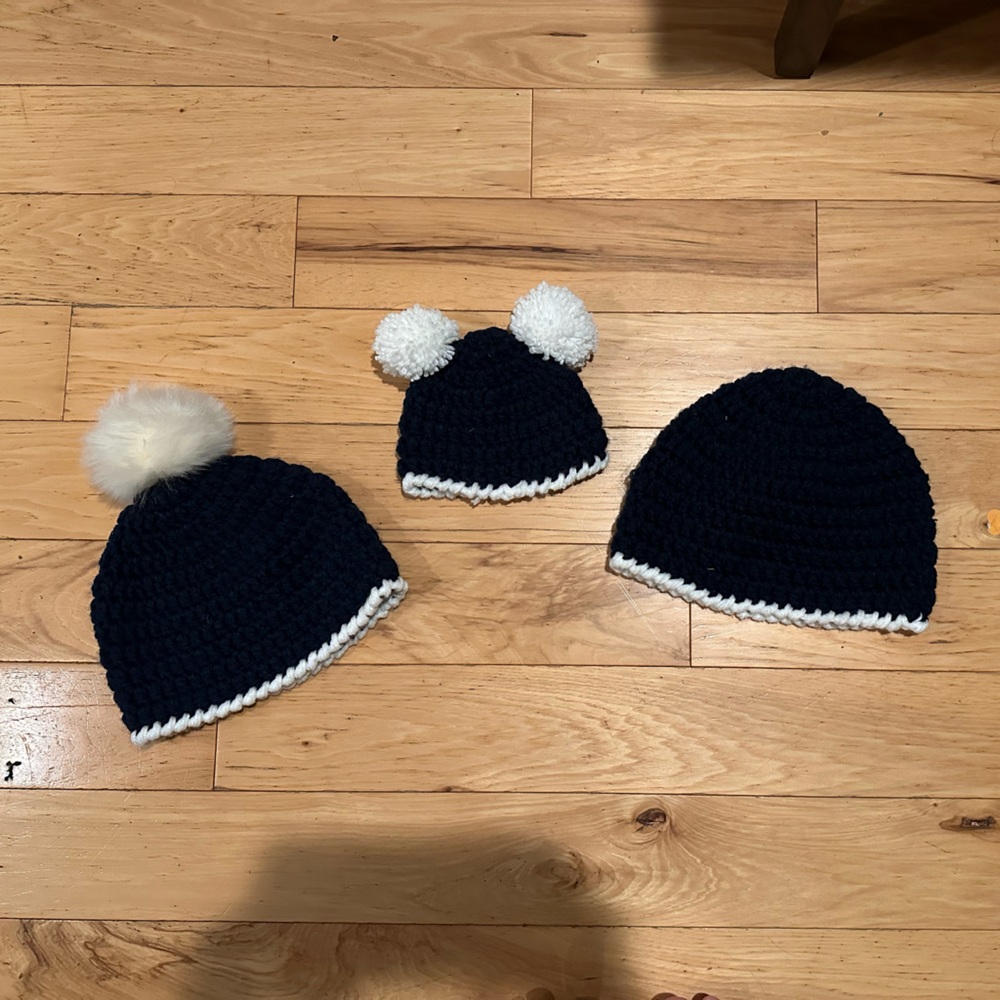 Navy and White Pom-Pom Knit Beanie Set for Family